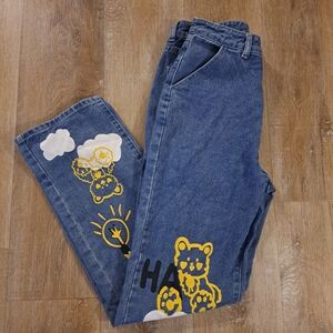 SHEIN Blue Denim Jeans Black White Yellow Graphic Design Size Small